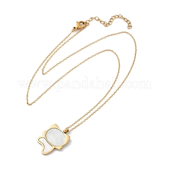 Colliers avec pendentif en forme de chat mignon en acier inoxydable 304 pavé de coquillages blancs naturels pour femmes&nbsp;NJEW-F339-01G