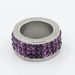 304 Stainless Steel Column Beads, with Polymer Clay Rhinestone, Stainless Steel Metal Color, Tanzanite, 13x6mm, Hole: 8mm
