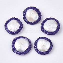 Perles de strass en argile polymère, avec perle d'eau douce de culture naturelle, plat rond, indigo, 19~22x19~21x5~8mm, Trou: 0.7mm
