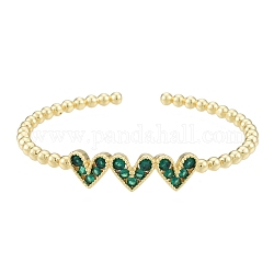 Cubic Zirconia Triple Heart Open Cuff Bangle, Real 18K Gold Plated Brass Jewelry for Women, Green, Inner Diameter: 1-7/8x2-1/8 inch(4.9x5.5cm)
