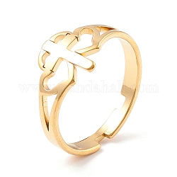 Двойное сердце с крестом 304 регулируемое кольцо из нержавеющей стали для женщин, золотые, внутренний диаметр: размер США 7 1/4 (17.5 мм)