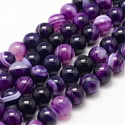 Chapelets de perles en agate rayée naturelle/agate à bandes, ronde, Grade a, teints et chauffée, violet, 10mm, Trou: 1mm, Environ 37~38 pcs/chapelet, 14.5 pouce