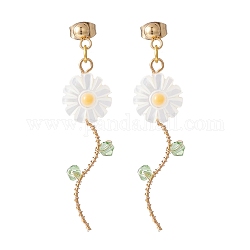 Sunflower Natural Shell Beads Long Dangle Stud Earrings for Her, Wire Wrap Drop Earrings, Golden, White, 50mm, Pin: 0.8mm