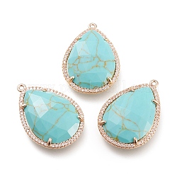 Synthetic Turquoise Pendants, with Brass Micro Pave Clear Cubic Zirconia Claw Settings, Faceted, Teardrop, Golden, 30x21x6mm, Hole: 1.2mm