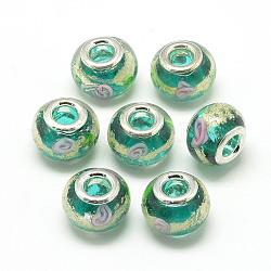 Handgefertigte Goldsand lampwork europäischen Perlen, mit Messing-Doppelkerne, Großloch perlen, Rondell, Platin Farbe, grün, 13.5~14.5x10.5~11 mm, Bohrung: 5 mm