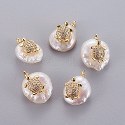 Natural Cultured Freshwater Pearl Pendants, with Brass Micro Pave Cubic Zirconia Cabochons, Nuggets with Tortoise, Clear, Golden, 14~28x12~22x5~12mm, Hole: 1.2mm