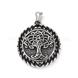 304 Stainless Steel Pendants, Flat Round with Tree, Antique Silver, 43x38x7.5mm, Hole: 4x9mm