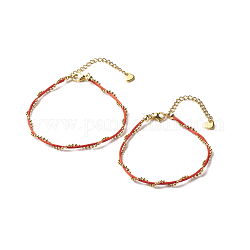 Nylon Cord & 304 Stainless Steel Ball Chain Bracelet for Couples, Red, 7-1/8~7-5/8 inch(18~19.5cm), 2pcs/set 