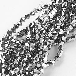 FilI di perline in vetro placcato, pieno placcato, sfaccettato, bicono, argento, 3.5x3mm, Foro: 1 mm, circa 128~135pcs/filo, 13.8
