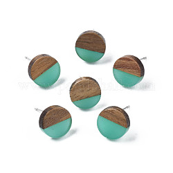 Boucles d'oreilles en résine transparente et bois de noyer, avec des épingles en 316 acier inoxydable, plat rond, turquoise, 10mm, pin: 0.7 mm