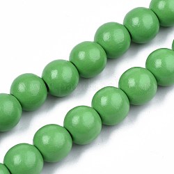 Spray Painted Natural Wood Beads Strands, Round, Spring Green, 15~16x14~15mm, Hole: 3~4mm, about 25pcs/strand, 14.17 inch~14.45 inch(36cm~36.7cm)