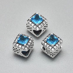925 Sterling Silber European Beads, mit Zirkonia, Großloch perlen, geschnitzt 925, Rhombus, Antik Silber Farbe, Deep-Sky-blau, 8.5x8.5x12 mm, Bohrung: 4 mm, Länge: 11.5 mm