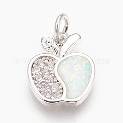 Brass Micro Pave Cubic Zirconia Pendants, with Synthetic Opal, Apple, White, Platinum, 16x13x2mm, Hole: 4mm
