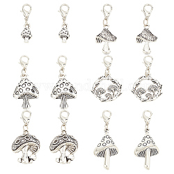 30Pcs 6 Styles Tibetan Style Alloy Mushroom Pendant Decoration, with Lobster Claw Clasps, Antique Silver & Platinum, 26~42mm, 5pcs/style