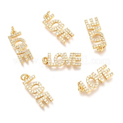 Brass Micro Pave Clear Cubic Zirconia Pendants, with Jump Rings, Word Love, Real 18K Gold Plated, 18.6x7x1.9mm, Hole: 2.4mm