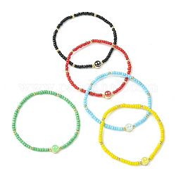 Set di braccialetti elasticizzati con perline di perline di vetro da 5 pz e 5 colori, Braccialetti con perline con volto sorridente da donna, colore misto, diametro interno: 2-1/8 pollice (5.5 cm), 1pc / color