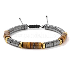Bracelets en perles tressées en œil de tigre naturel et hématite synthétique non magnétique, diamètre intérieur: 2-3/8 pouce (6 cm)
