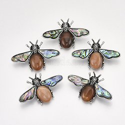 Natural Agate Brooches/Pendants, with Rhinestone and Alloy Findings, Abalone Shell/Paua Shelland Resin Bottom, Dyed, Bee, Antique Silver, 36x56.5x14mm, Hole: 7x4mm, Pin: 0.7mm