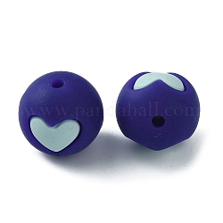 Perle di silicone ecologiche per uso alimentare, masticare perline per i denti, fare collane fai-da-te fai-da-te, tondo con cuore, blu scuro, 14.5~15mm, Foro: 2 mm