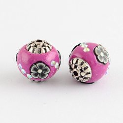 Round Handmade Indonesia Beads, with AB Color Rhinestones, Polymer Clay Flower and Alloy Cores, Antique Silver, Orchid, 15x14mm, Hole: 1.5mm