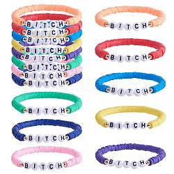 8шт 8 цвета полимерная глина Heishi Surfer стрейч браслеты набор, Акриловые браслеты с надписью Bitch Preppy для женщин, разноцветные, внутренний диаметр: 2-1/8 дюйм (5.5 см), 1шт / стиль