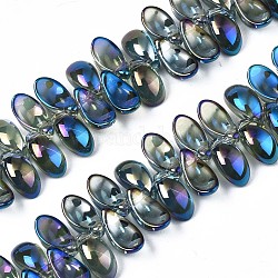 Perles en verre plaquent brin, demi-plaqué, feuille, multi-couleur plaquée, 6x12.5x4.5mm, Trou: 0.9mm, Environ 100 pcs/chapelet, 14.17 pouce ~ 15.35 pouces (36~39 cm)