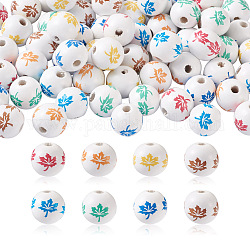 Craftdady 70Pcs 7 Colors Theaceae Wood Beads, Round with Maple Leaf, Mixed Color, 16x14.5mm, Hole: 4.5mm