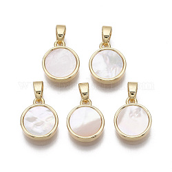 Brass Charms, with Freshwater Shell, Nickel Free, Real 18k Gold Plated, Flat Round, Seashell Color, 12x10x3mm, Hole: 2x4mm