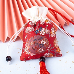 Pochettes de fleurs brodées en soie, sac de cordon, rectangle avec pompon, rouge, 11.5x8.5 cm