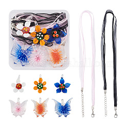 Kissitty DIY 花と蝶のネックレス作成キット  手作りのランプワーク ペンダントを含む  ジュエリー作りのネックレスコード  ミックスカラー  12個/箱