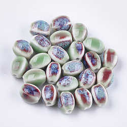 Perles en porcelaine manuelles, fantaisie porcelaine émaillée antique, ovale, aigue-marine moyenne, 12~14x9~10.5x9~11mm, Trou: 2.5mm