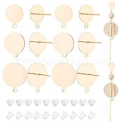 BENECREAT 12Pcs 3 Size Brass Stud Earring Findings, with Horizontal Loops and 925 Sterling Silver Pins, Flat Round, Long-Lasting Plated, with 20Pcs Plastic Ear Nuts, Real 14K Gold Plated, 13.3~18.5x10~15x0.5mm, Hole: 1.2~1.4mm, Pin: 0.6~0.7mm, 4Pcs/size