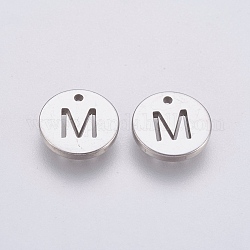 304 charms in acciaio inox, piatta e rotonda con la lettera, colore acciaio inossidabile, letter.m, 10x1mm, Foro: 1 mm