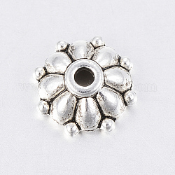 Tibetischen Stil Legierung Perlenkappen, cadmiumfrei und bleifrei, Multi-Blütenblatt, Antik Silber Farbe, 8x3 mm, Bohrung: 1.2 mm