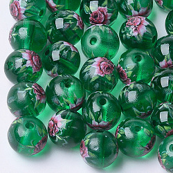 Bedruckte & sprühlackierte transparente Glasperlen, Runde mit Blumenmuster, grün, 10~10.5x9.5 mm, Bohrung: 1.6 mm