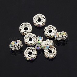 Perles séparateurs en laiton avec strass, grade AAA, bord ondulé, sans nickel, couleur argentée, rondelle, cristal ab, 6x3mm, Trou: 1mm