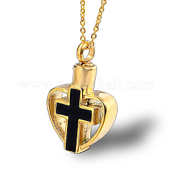 Enamel Heart with Cross Urn Ashes Pendant Necklace, 316L Stainless Steel Memorial Jewelry for Men Women, Golden, 19.69 inch(50cm)