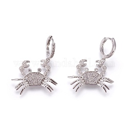 Brass Cubic Zirconia Hoop Earrings, Dangle Earrings, Crab, Clear, Platinum, 38mm, Pendant: 23.5x30x4mm, Pin: 1mm.