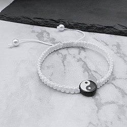 Geflochtene Perlenarmbänder aus Yin-Yang-Harzperlen, verstellbare Armbänder aus Polyesterkordel für Damen, weiß, keine Größe