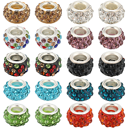 SUNNYCLUE 200Pcs 10 Colors Polymer Clay Rhinestone European Large Hole Beads with Silver Plated Brass Cores, Rondelle, Mixed Color, 11~12x7~7.5mm, Hole: 5mm, 20Pcs/color