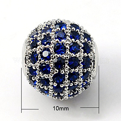 Messing Zirkonia Perlen, Runde, mittelblau, Platin Farbe, 10 mm