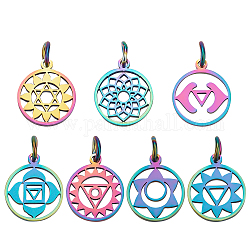 Unicraftale Chakra Theme 201 Stainless Steel Charms, Laser Cut Pendants, with Jump Rings, Flat Round, Rainbow Color, 13.5x11.5x1mm, Hole: 3mm, 7 styles, 2 pcs/style, 14pcs/box