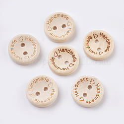 Wooden Buttons, 2-Hole, with Word, Flat Round with Word Handmade, Blanched Almond, 20x3~3.5mm, Hole: 2mm