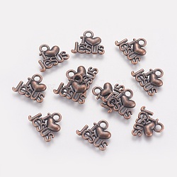 Tibetan Style Alloy Pendants, For Easter, Holy Charms(I Love Jesus), Cadmium Free & Nickel Free & Lead Free, Heart, Red Copper, 13x15x2mm, Hole: 3mm