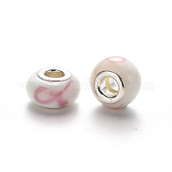 Perline murano europeo fatto a mano, perline rondelle  con foro grande, con tono platino ottone doppie core, con motivo a linee rosa, bianco floreale, 14~16x9~10mm, Foro: 5 mm