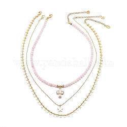 3pcs 3 style colliers pendentif croix et étoile en quartz rose naturel sertis de chaînes en laiton, bijoux en pierres précieuses pour femmes, or, 15.35~19.84 pouce (39~50.4 cm), 1pc / style