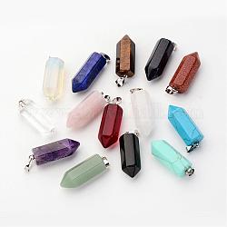 Brass Natural & Synthetic Mixed Stone Pendants, Bullet, Platinum, Pointed Pendant, 33~36x12mm, Hole: 5x7mm