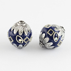 Oval Handmade Grade A Rhinestone Indonesia Beads, with Alloy Antique Silver Metal Color Cores, Blue, 21.5x18.5mm, Hole: 2mm