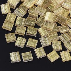 2-Loch-Glasperlen, transparent sprühlackiert, mit Glitzerpulver, Rechteck, blass Goldrute, 5x4.5~5.5x2~2.5 mm, Bohrung: 0.5~0.8 mm