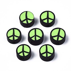 Manuell Polymer Ton Perlen, flach rund mit Friedenszeichen, lime green, 9~10x4.5 mm, Bohrung: 1.6 mm